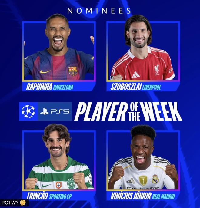 本周歐冠最佳球員候選：拉菲尼亞、索博、特林康、維尼修斯
