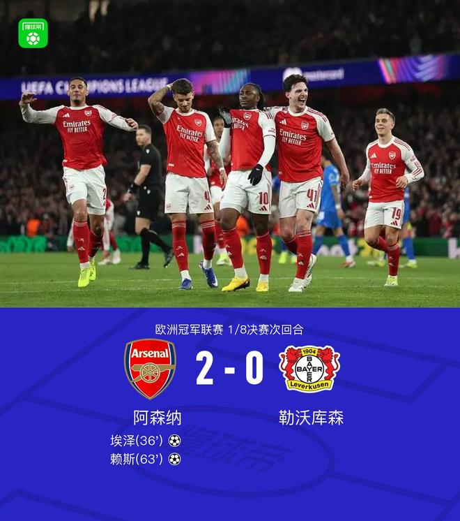 XbotGo丨阿森納2-0勒沃庫森總比分3-1晉級，埃澤、賴斯建功