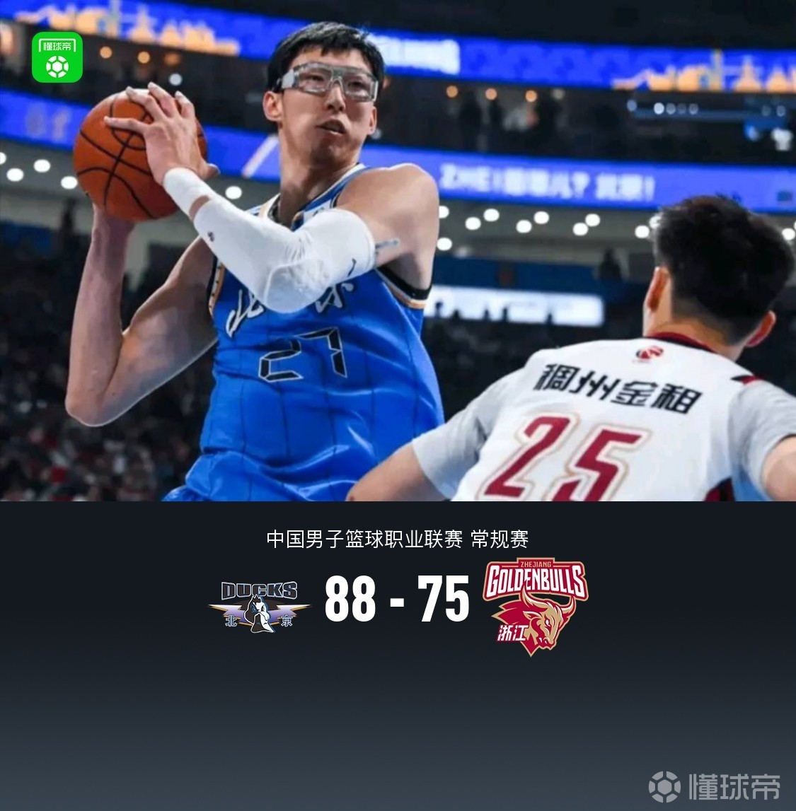 北京末節(jié)制勝88-75浙江 周琦12+9麥基17分