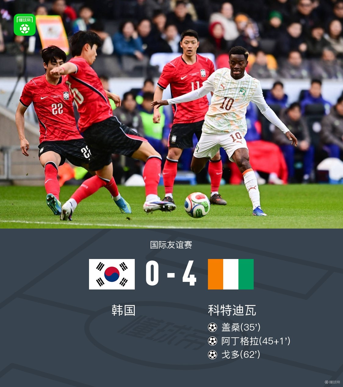 韓國(guó)0-4科特迪瓦，戈多傳射、蓋桑、阿丁格拉、辛戈破門(mén)