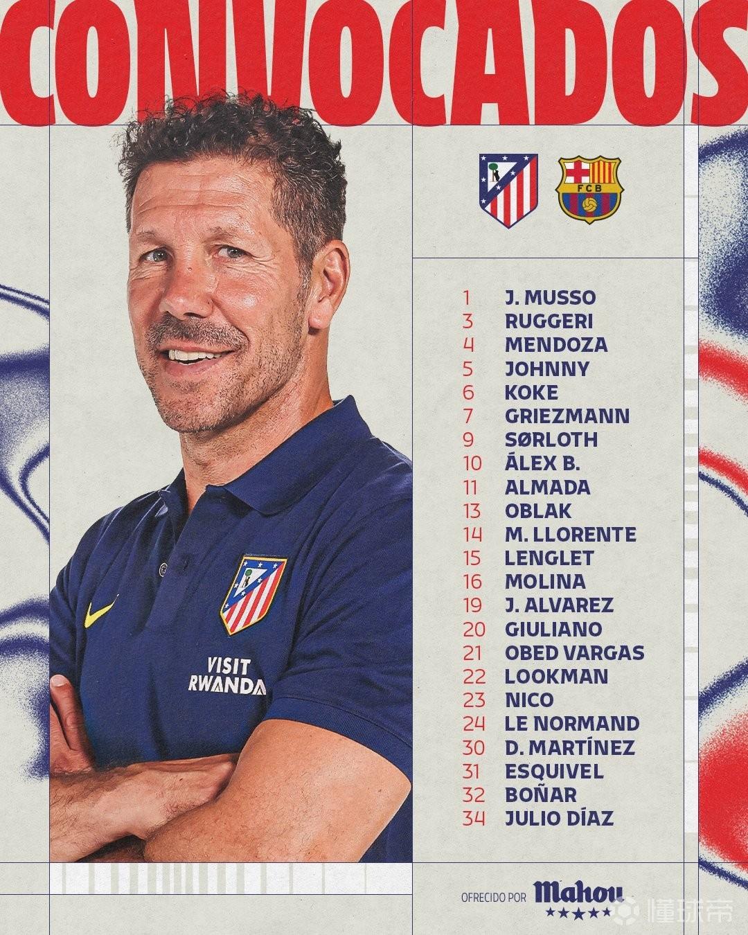 馬競戰(zhàn)巴薩次回合大名單：小蜘蛛領(lǐng)銜，奧布拉克、卡多佐回歸