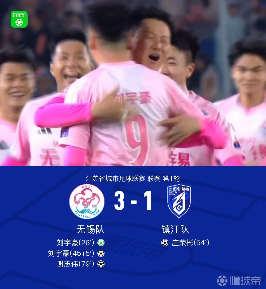 無錫隊3-1鎮(zhèn)江隊，劉宇豪雙響，謝志偉、莊榮彬破門